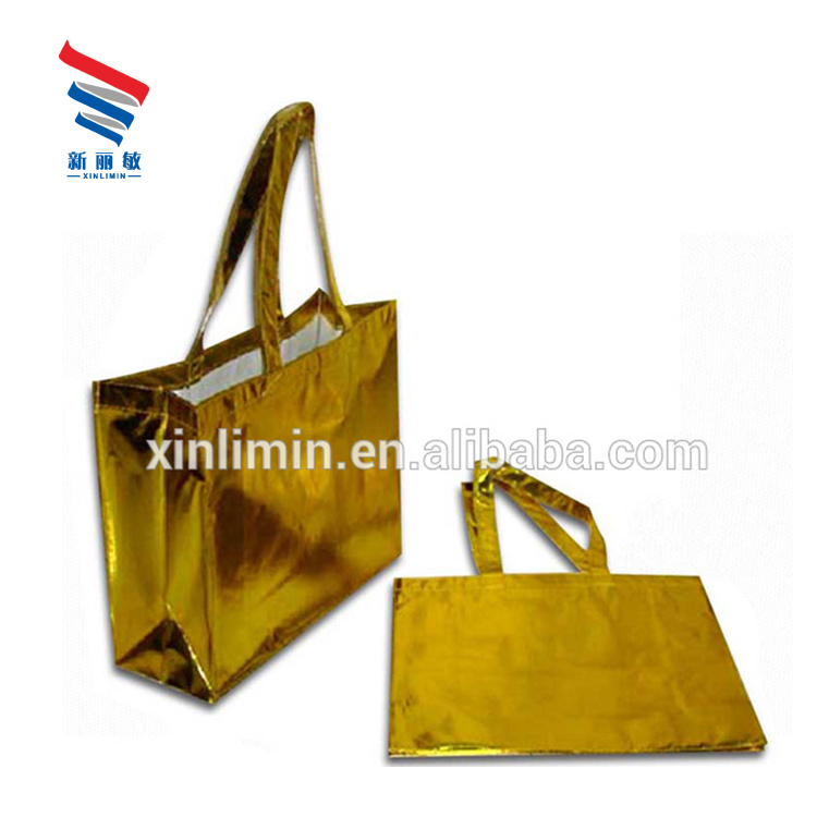 Xiamen eco friendly promotional gold foil metallic laminated  pp non woven garment shopping bag